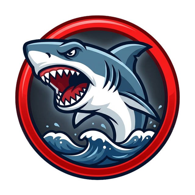 SHARKHOOD logo: an open-mouthed shark breaking out of ocean waves inside a red ring
